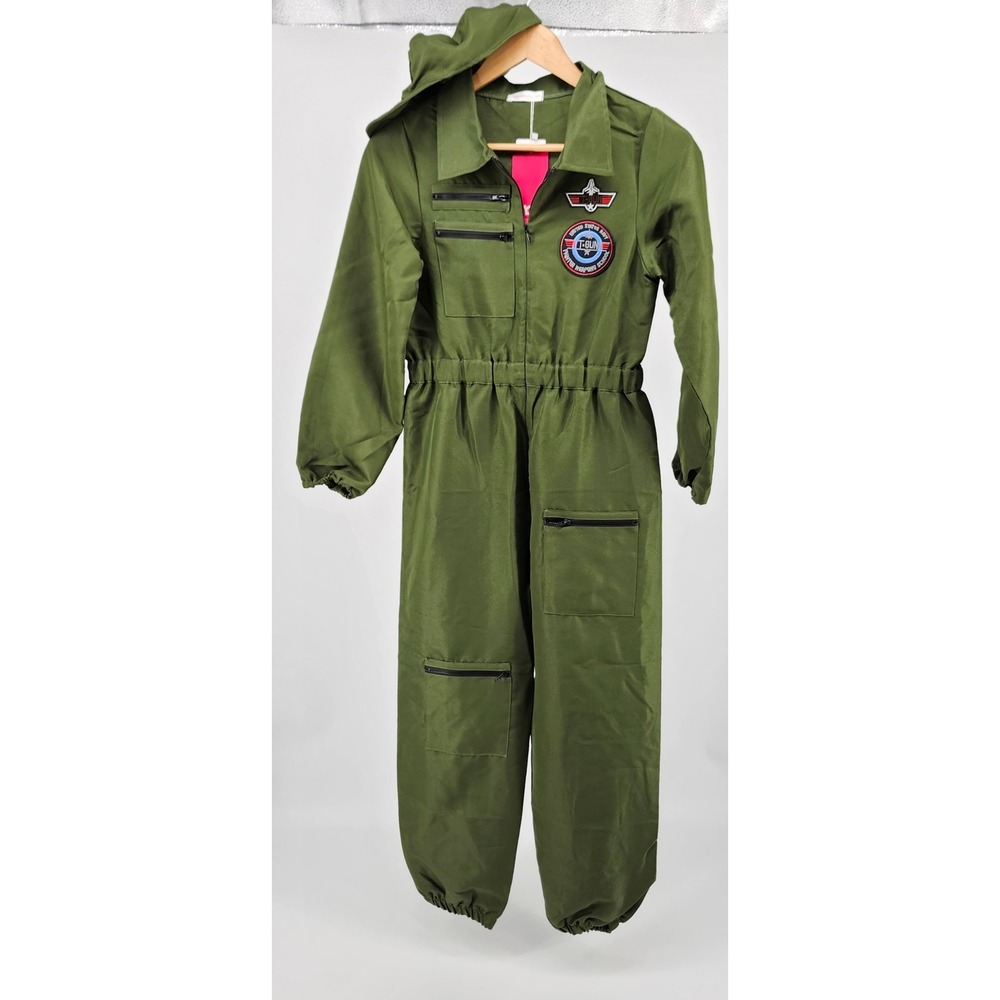 Relibeauty Kids Fighter Pilot Flight Suit Costume Olive Green Jumpsuit with Hat